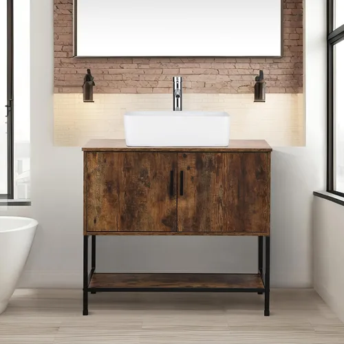 Vista 11 de UEV Juego de tocador de baño antiguo de 24 pulgadas, color marrón oscuro con lavabo, armario de baño de madera de hierro con grifo de temperatura