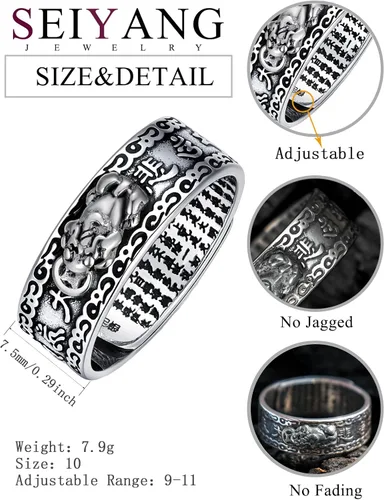 Vista 2 de Seiyang Anillo de Feng Shui 925 Plata de Ley Pixiu Mantra Anillo de Protección de Riqueza Ajustable Regalo para Hombres Mujeres (con Caja de Regalo)