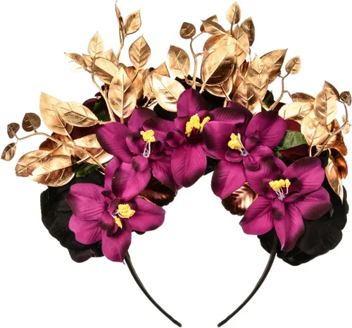 Vista 3 de Diadema de flores de La Catrina, disfraz de Halloween, corona de halo Negro Uva