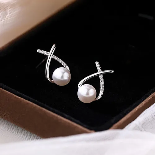 Vista 5 de SLUYNZ Aretes de plata de ley con circonita cúbica X para mujeres, adolescentes, niñas, perlas, aretes