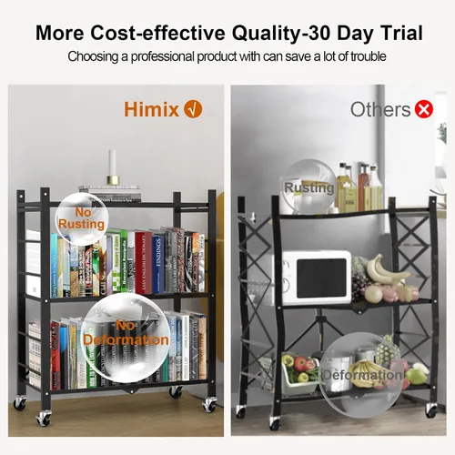 Vista 7 de Himix Estantes de almacenamiento con 6 ganchos, estante plegable de 3 niveles con ruedas, estantería de almacenamiento de metal, carrito rodante