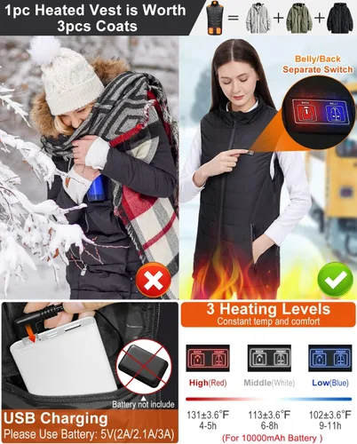 Vista 3 de Chaleco térmico para mujeres y hombres, chaleco de carga eléctrica recargable
