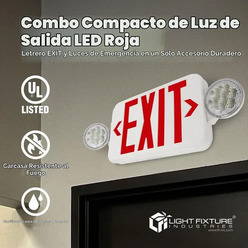 Vista 2 de LFI Lights® - Señal de salida roja combinada con luces de emergencia Carcasa blanca Todos los LED Dos cabezales redondos ajustables cableado