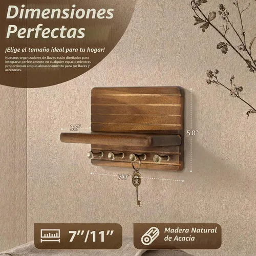 Vista 2 de Rebee Vision Soporte de pared de madera de acacia para decoración del hogar, mini llavero de 7 pulgadas para pared con 4 ganchos resistentes
