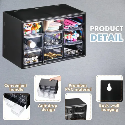 Vista 4 de Rtteri Mini organizador de cajones de plástico de 9 piezas, caja de almacenamiento de escritorio, organizador de manualidades con 9 cajones Negro