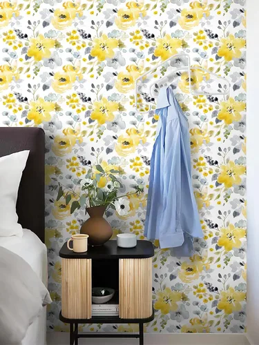 Vista 3 de Toduso Papel Tapiz Floral Despegar y Pegar Papel Tapiz Amarillo/Gris/Blanco Acuarela Papel de Contacto Autoadhesivo Removible Papel Tapiz Forros