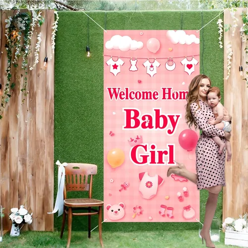 Vista 6 de Labakita Cartel de bienvenida para puerta de bebé niña, cartel con texto en inglés "It's a Girl Welcome Baby Girl", decoración de baby shower