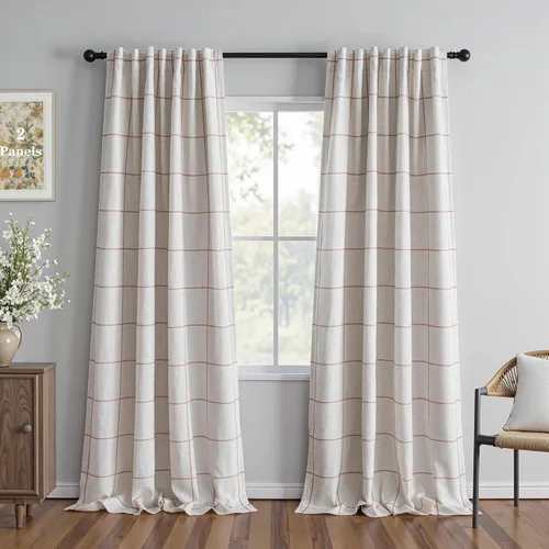 Vista 30 de MYSKY HOME Cortinas de Lino a Cuadros 100% Opacas de 45 Pulgadas de Largo de Doble Capa Estilo Granja con Aislamiento Térmico Estampado a Cuadros