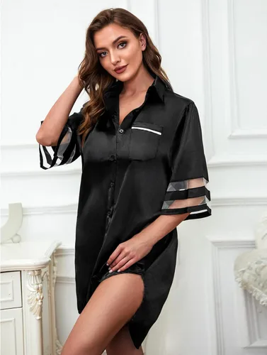 Vista 3 de Camisón de satén para mujer, con botones, manga 34, ropa de dormir de seda con bolsillo