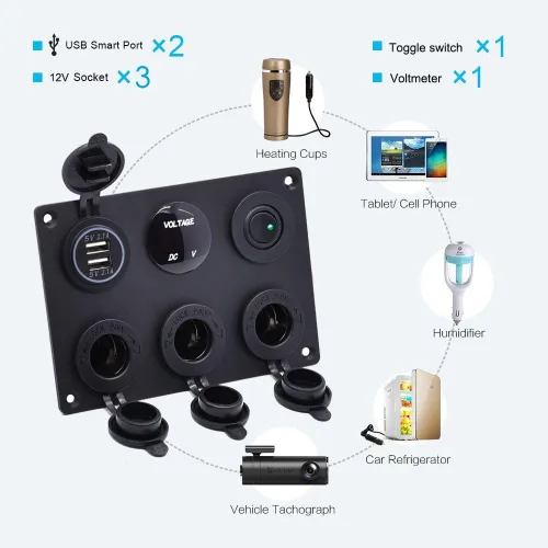 Vista 3 de Enchufe de cargador USB dual 2.1A y 2.1A + voltímetro LED + adaptador de encendedor de cigarrillos de 3 enchufes Toma de corriente de 12V + Verde