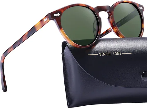 Vista 29 de CARFIA Gafas de sol polarizadas de acetato redondo para mujer, protección UV de cara pequeña con funda de cuero CA5288