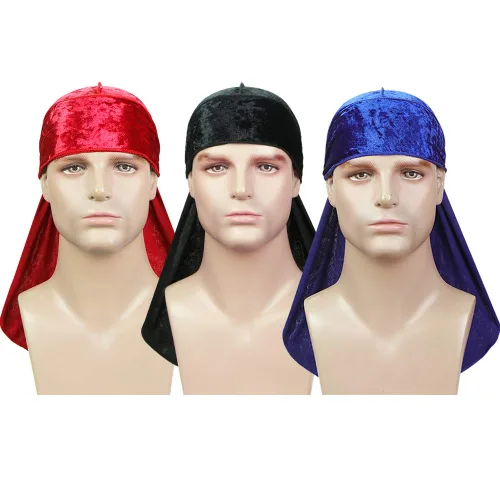 Vista 2 de ASHILISIA 3 piezas de terciopelo triturado ondulado Durag – Envolturas sedosas Durag con cola extra larga perfectas para 360 olas