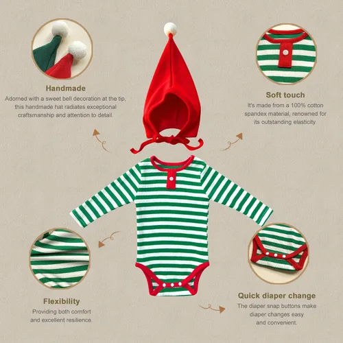 Vista 2 de Disfraz de elfo navideño para bebé de 0 a 18 meses, 100% algodón, incluye adorable sombrero de elfo y mameluco