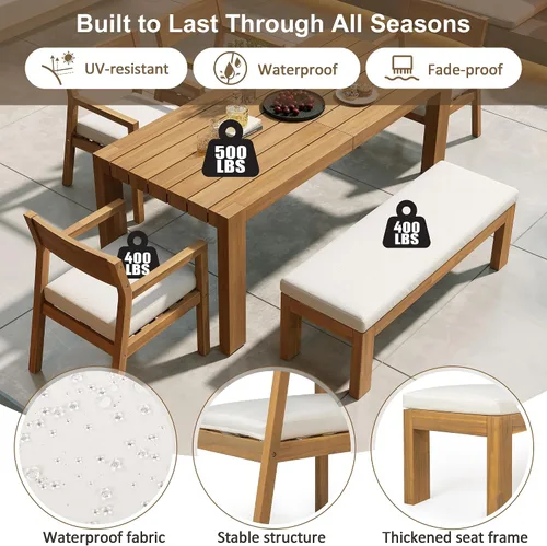 Vista 5 de RUNNA Juego de mesa de comedor de 6 piezas, juegos de muebles de exterior con agujero para paraguas, mesa rectangular de 71 pulgadas, sillas y banco