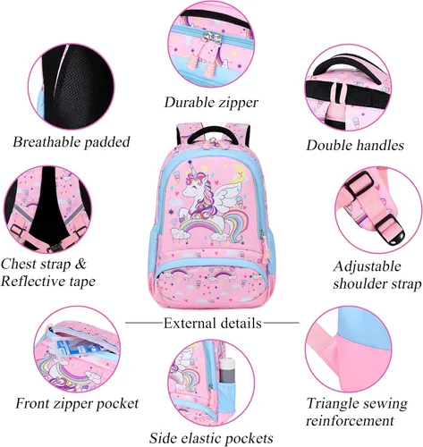 Vista 5 de Mochila escolar para niñas 3 en 1, bonita mochila ligera para niños de preescolar y jardín de infantes y primaria, talla única , Mochilas Daypack