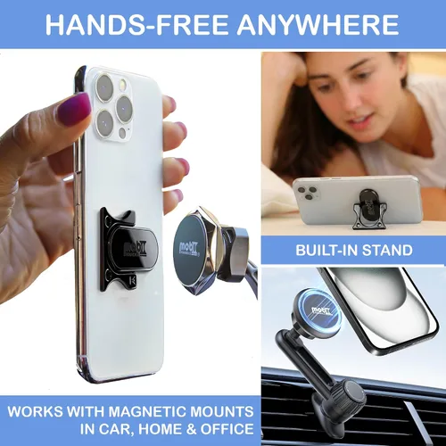 Vista 3 de Soporte de anillo para teléfono con mango de 3 dedos, cómodo y delgado, de metal duradero, ideal para soportes magnéticos de auto 4 en 1 Negro