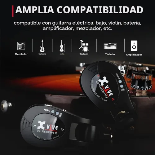 Vista 6 de Xvive Sistema inalámbrico de guitarra U2 con transmisor y receptor para guitarras eléctricas, bajo, violín (negro) Baja latencia de 5 ms, duración