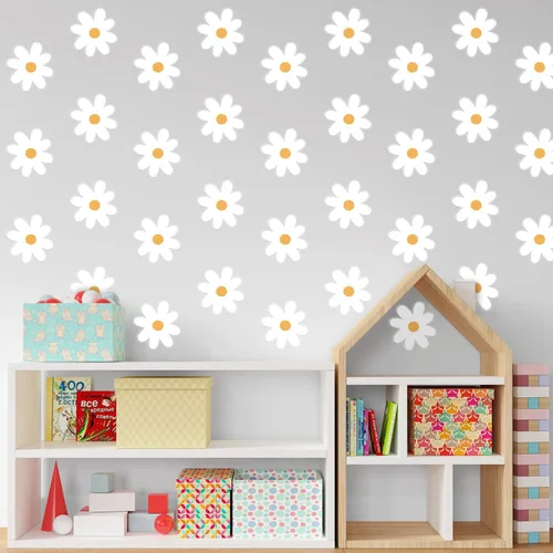 Vista 3 de 36 calcomanías de pared florales de margaritas blancas para niños, guardería, aula, sala de estar