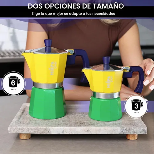 Vista 5 de Cafetera de café expreso para estufa, 3 tazas de café expreso (6 onzas), aluminio, plata, verde, azul y amarillo, con temática brasileña, cafetería