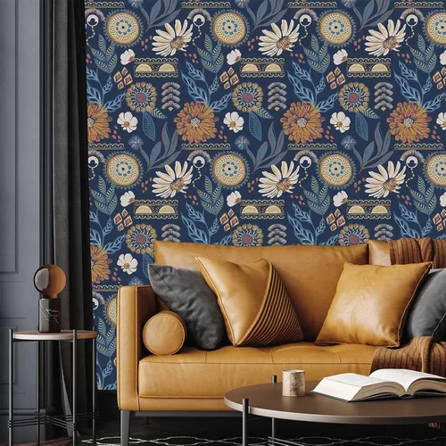 Vista 2 de Papel tapiz floral bohemio azul marino de 17.7 x 118 pulgadas