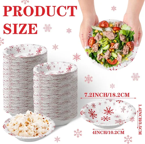 Vista 3 de Sliner 100 cuencos de papel de Navidad, cuencos desechables de Navidad, cuencos para servir ensaladas temáticas de invierno, cuencos de postre