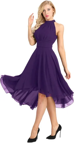 Vista 4 de QinCiao Vestido de dama de honor asimétrico de gasa alta baja y corta para mujer