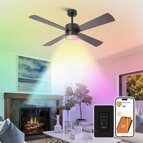 Vista 9 de Ventiladores de techo con luces, ventilador de techo de araña de 52 pulgadas con LED RGB para dormitorio, sala de estar, control remoto/aplicación