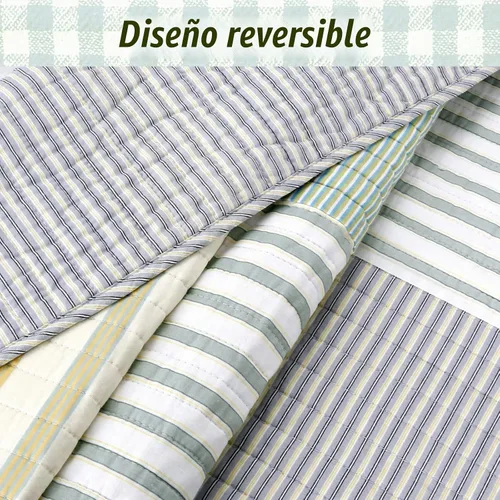 Vista 6 de Cozy Line Home Fashions Juego de ropa de cama de retazos reales a cuadros y rayas verdes, amarillos y azules, 100% algodón, colcha reversible