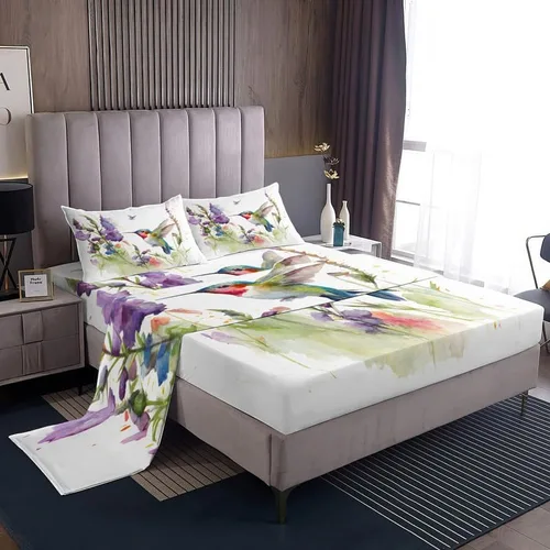 Vista 9 de Juego de sábanas de colibrí tamaño individual, sábanas de microfibra suave, bolsillo profundo, sábanas y fundas de almohada estampadas sin arrugas