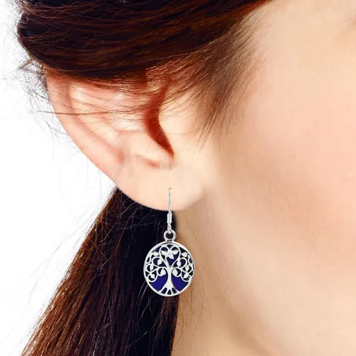 Vista 5 de Pendientes colgantes de plata de ley 925 con diseño de árbol de la vida con acentos de lapislázuli azul simulados