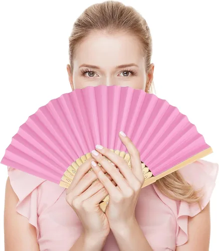 Vista 5 de FEPITO Ventilador de papel rosa de mano de 20 piezas Abanicos plegables de papel con bambúes para regalo de boda, fiesta, hogar
