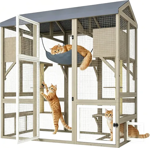 Vista 11 de PetsCosset Catio - Recintos para gatos al aire libre, casa grande para gatos de 4 pisos para ventana interior y exterior, catio exterior de madera