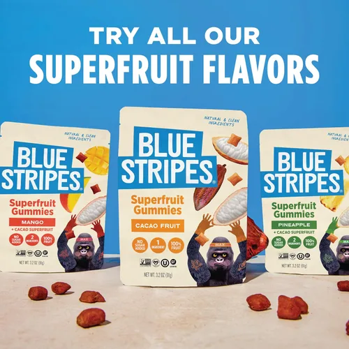 Vista 7 de Blue Stripes Cacao Superfruit Gummies - Vegan Chewy Fruity Snack, No Sugar Added 100% Fruit Gummy, 9 Essential Vitamins & Minerals, Natural Tropical