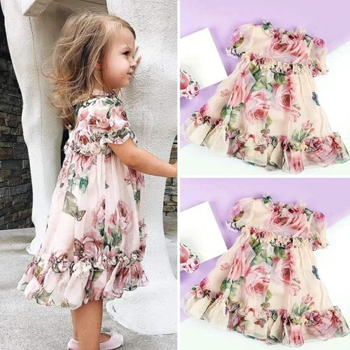 Vista 2 de Vestido de princesa con volantes y estampado de flores para niñas pequeñas