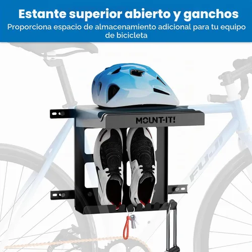 Vista 3 de Mount-It! Soporte de pared para bicicleta con estante y ganchos, soporte horizontal para interiores para garaje, hogar, ahorro de espacio, colgador