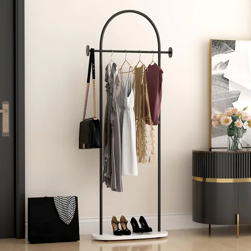 Vista 6 de Percheros de ropa negros, perchero industrial moderno con estante, perchero independiente resistente, soporte de metal con ganchos para oficina