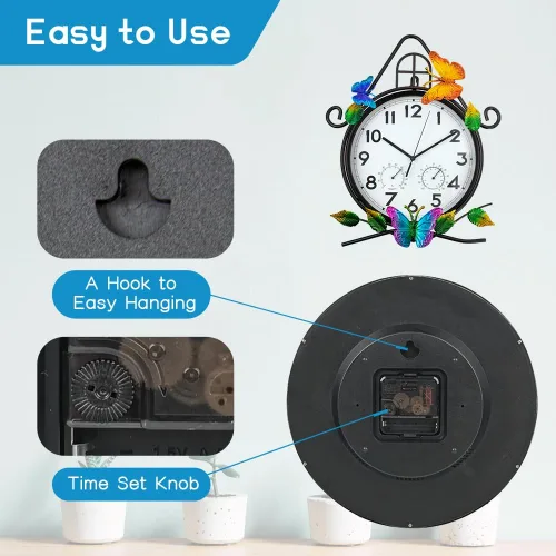 Vista 7 de Reloj de pared grande de 15 pulgadas, reloj de pared con termómetro y humedad, silencioso, sin tictac, impermeable, para patio, sala de estar, cocina