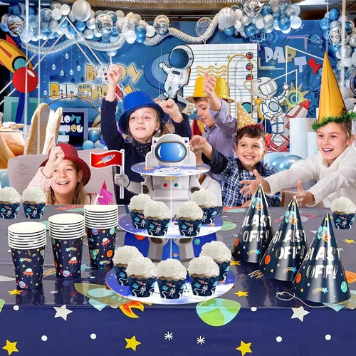 Vista 5 de Soporte de astronauta espacial para cupcakes, decoración de fiesta de cumpleaños con temática espacial, 3 niveles, soporte de cartón para cupcakes