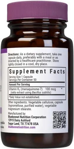 Vista 2 de Vitamina K2 (como Menaquinona-7) (de extracto de natto usando Bacillus subtilis) 100 mcg. Otros ingredientes: cápsulas vegetales Kosher, celulosa