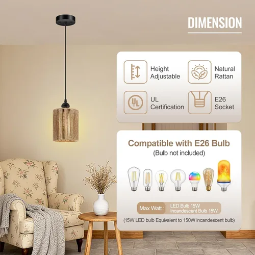 Vista 5 de BoostArea Luces Colgantes de Ratán para Isla de Cocina, Candelabro de Estilo Rústico con Pantalla de Mimbre Tejida a Mano, Luz Colgante Bohemia