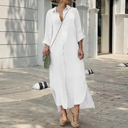 Vista 2 de Vestido largo de algodón y lino con botones para mujer, estilo casual, manga 34 enrollada, abertura lateral, maxivestido camisero