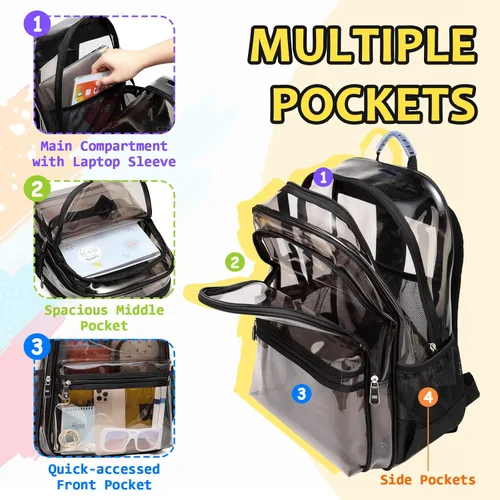 Vista 4 de ASKSKY Mochila transparente aprobada para estadios, 0.020 in de grosor de PVC transparente, resistente mochila transparente para la escuela, PVC