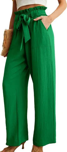 Vista 2 de IWOLLENCE - Pantalones de pierna ancha para mujer con bolsillos, cintura alta, nudo ajustable, holgados, casuales, para trabajo y negocios