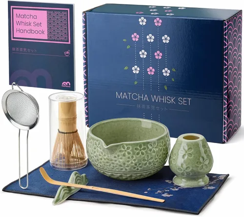 Vista 9 de Juego de batidor de matcha, kit de cerámica y cazador de bambú hecho a mano Complete 5 Pcs Matcha Set Whisk and Bowl, Stainless Steel Sifter