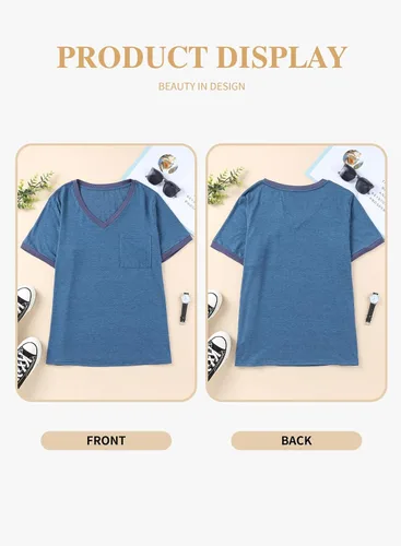 Vista 82 de Eytino Blusas de talla grande para mujer, cuello en V, manga corta, a rayas, casual, holgada, con bolsillo (1X-5X)