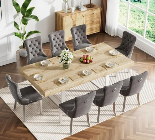 Vista 34 de Juego de mesa de comedor extensible marrón de 63 a 78.74 pulgadas para 4, juego de mesa de comedor de 5 piezas con 4 sillas tapizadas, mesa