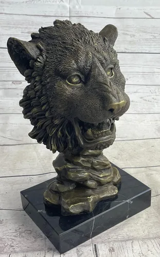Vista 2 de EUROPEAN BRONZE 100% Escultura de bronce sólido Vida silvestre Animal Cabeza de león Base de mármol Estatuilla Deal Brilliance Hot Cast Hecho a mano