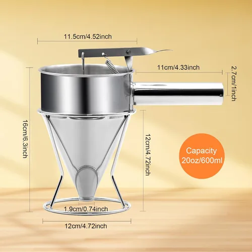 Vista 5 de Dispensador de masa de panqueques de 20 onzas, dispensador de pasteles de embudo de acero inoxidable con soporte, herramienta de hornear resistente