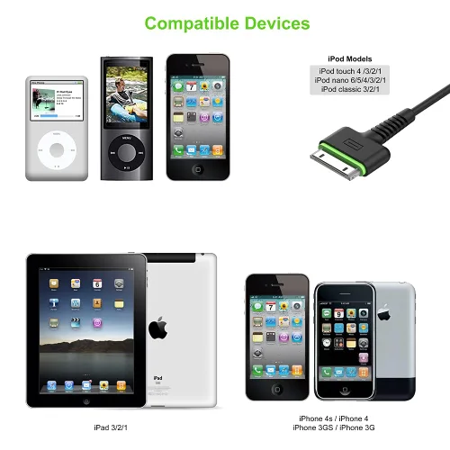 Vista 6 de BUDI Cargador para iPhone 4S - Cable de sincronización de 30 pines para iPhone 4/4S/3G/3GS, iPad 1/2/3, iPod Touch y Nano - Negro