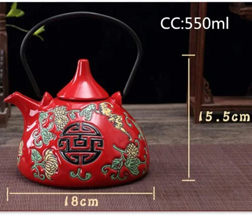 Vista 4 de Juego de té de cerámica tradicional chino de la boda retro rojo doble felicidad tetera taza de té recién casados regalo suministros de boda